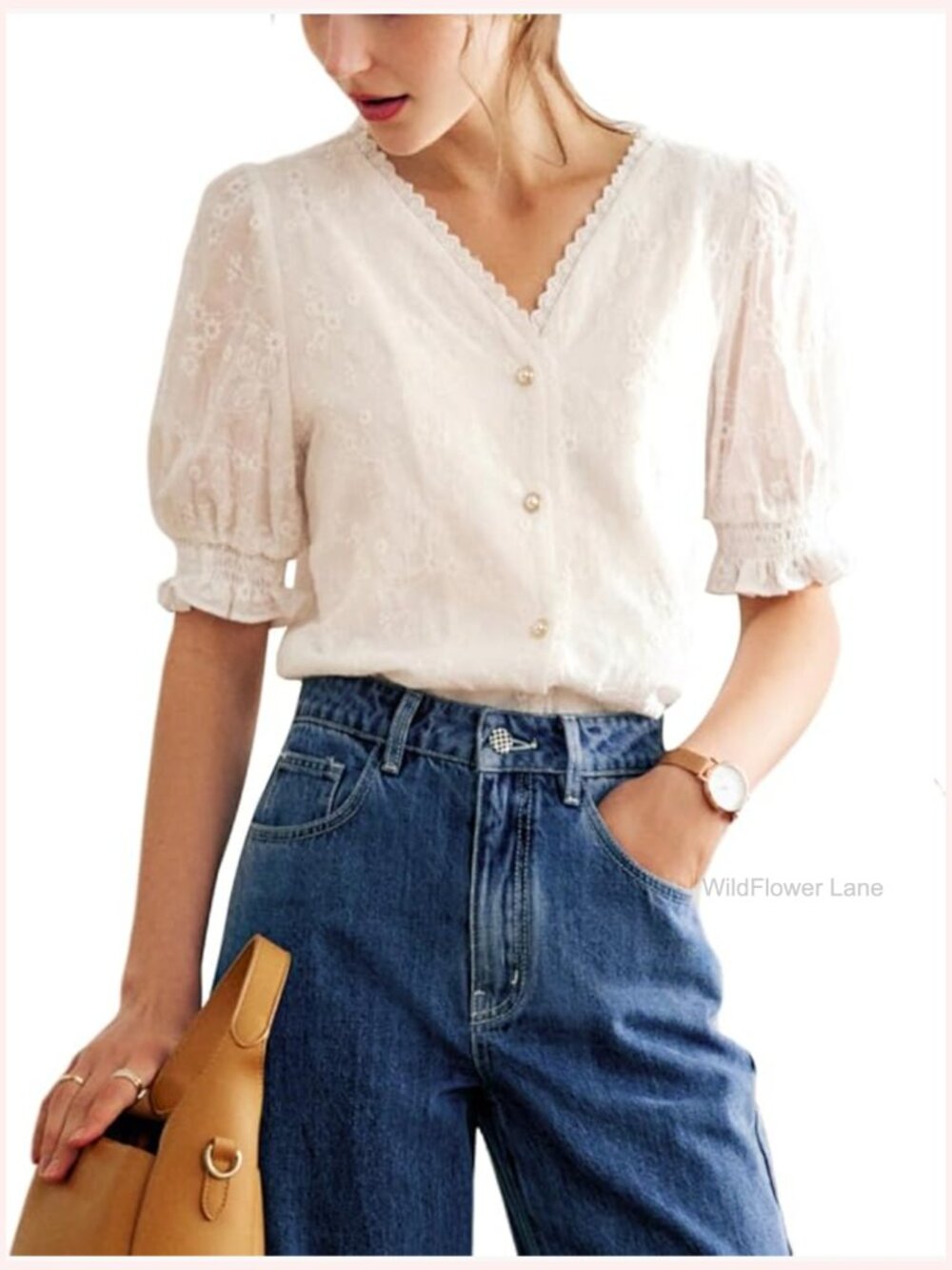 Boho Lace Embroidered Blouse V-Neck Puff Sleeve Pearl Button Summer Cotton Top